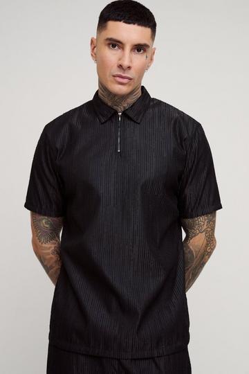 Black Tall Woven Rib Texture Zip Up Smart Polo Shirt