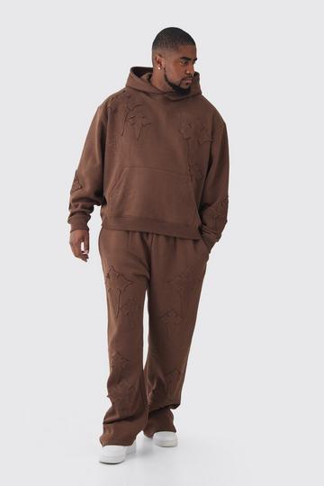 Plus Oversized Boxy Cross Applique & Relaxed Jogger Tracksuit brown