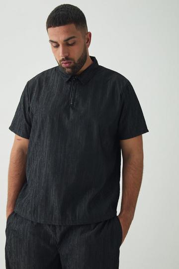 Plus Woven Rib Texture Zip Up Smart Polo Shirt black