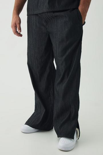 Plus Woven Rib Texture Split Hem Relaxed Fit Trousers black