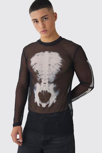 Black Muscle Mesh Skeleton Print Long Sleeve T-Shirt