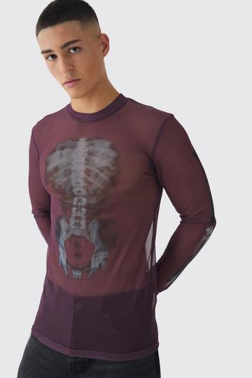 Muscle Mesh Skeleton Print Long Sleeve T-Shirt maroon