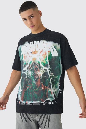 Black Oversized Extended Neck Large Scale Summoned Print Acid Wash T-Shirt