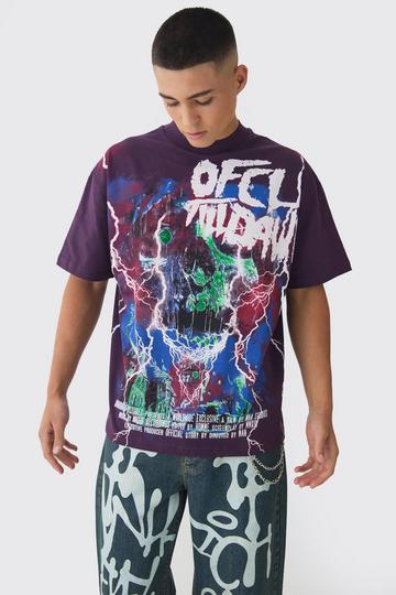 Purple Oversized Extended Neck Large Scale Till Dawn Print T-Shirt