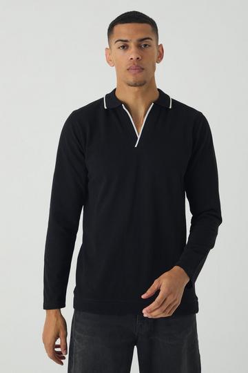 Slim Revere Neck Long Sleeve Pique Contrast Tips Polo black