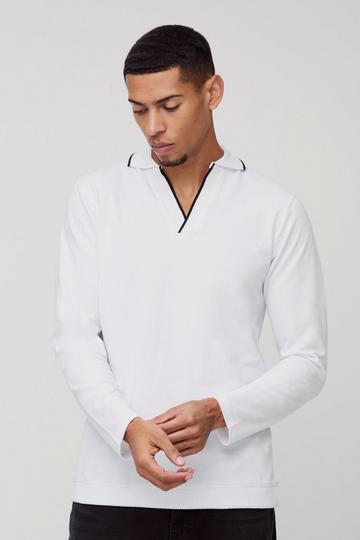 Slim Revere Neck Long Sleeve Pique Contrast Tips Polo white