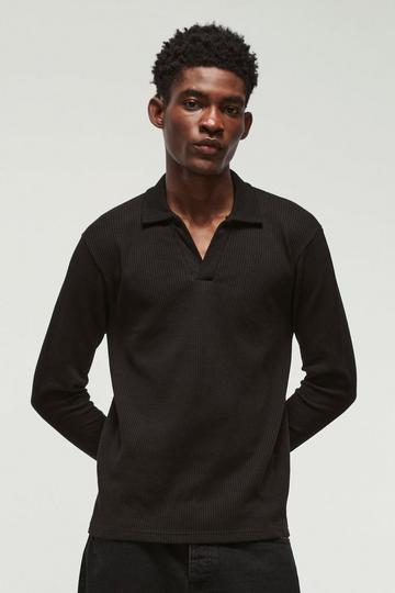 Regular Fit V Neck Long Sleeve Jacquard Polo black