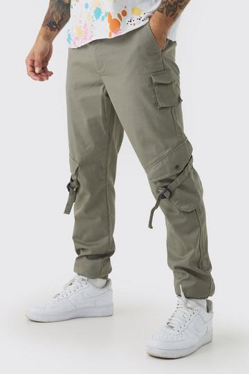 Elasticated Waist Slim Cuffed Ripstop Buckle Cargo Trousers khaki