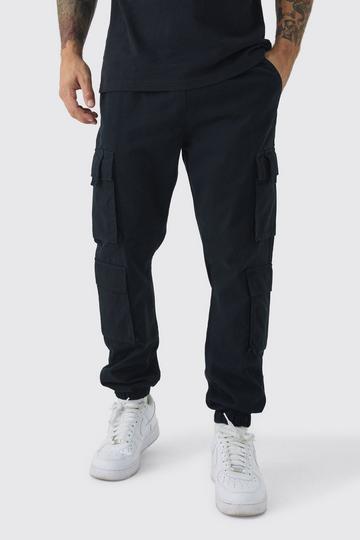 Black Elasticated Waist Multi Cargo Pocket Slim Fit Joggers