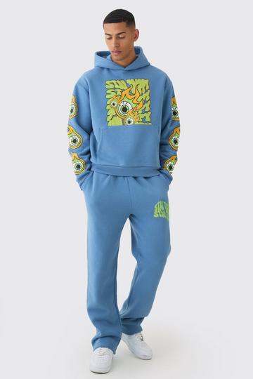 Oversized Boxy Eye Puff Print Graphic Hooded Tracksuit blue