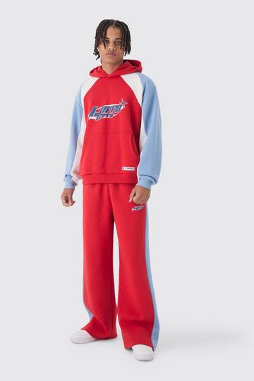 Red Oversized Boxy Moto Color Block Hooded Tracksuit