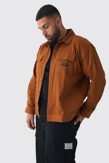 Brown Plus Worker Overshirt in Tan