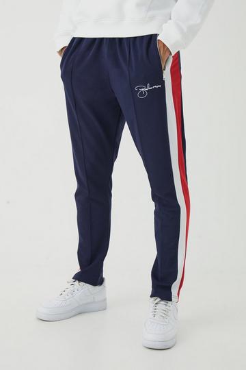 Navy Slim Tapered Pique Panel Boohooman Embroidered Jogger