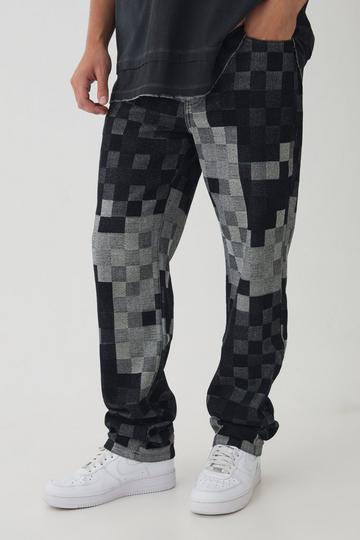 Relaxed Fit Checkerboard Jacquard Turn Up Hem Jeans indigo