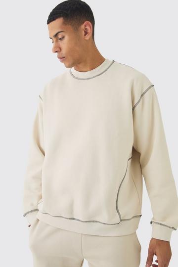 Stone Beige Oversized Contrast Stitch Sweatshirt