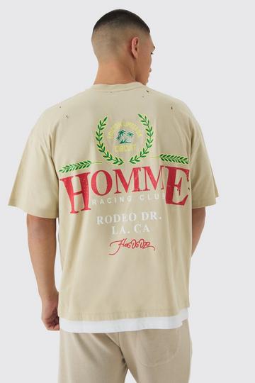 Oversized Faux Layered Homme Crest Nibbling T-shirt stone