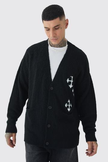 Black Tall Fluffly Knit Gothic Cross Applique Cardigan