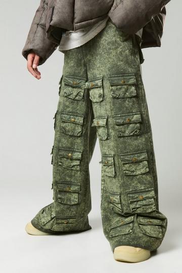 Baggy Fit Multi Cargo Distressed Washed Trousers light khaki