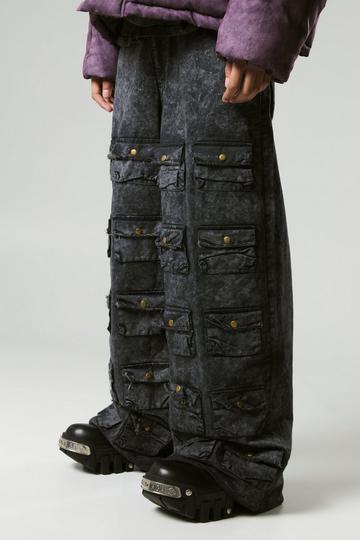 Baggy Fit Multi Cargo Distressed Washed Trousers charcoal