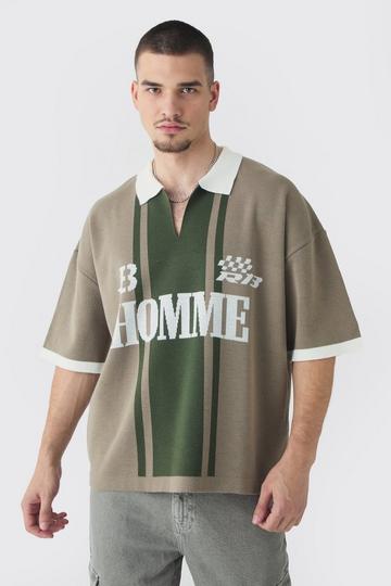 Tall Oversized Boxy Football Knitted Polo Shirt taupe