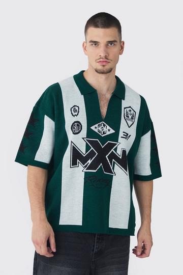 Green Tall Oversized Boxy Football Knitted Polo Shirt