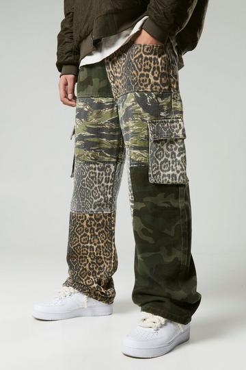 Baggy Fit Camo Leopard Patchwork Trousers khaki