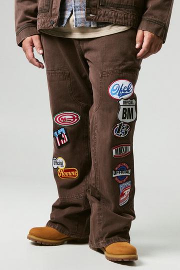 Brown Plus Applique Carpenter Flared Jeans