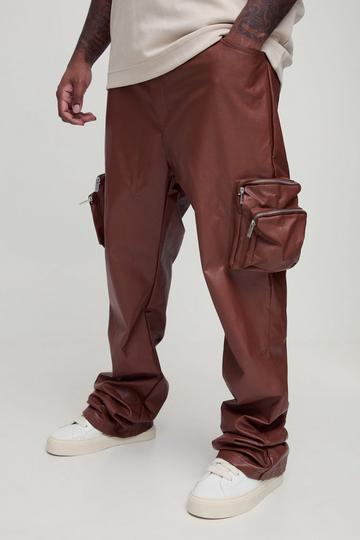 Plus Fixed Waist Slim Stacked Flare PU Trousers chocolate