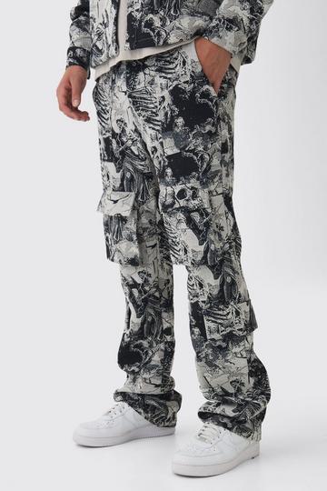 Slim Flared Stacked Tapestry Skull Cargo Trousers black