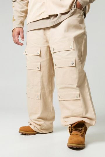 Stone Beige Plus Washed Twill Multi Cargo Pocket Wide Leg Trousers