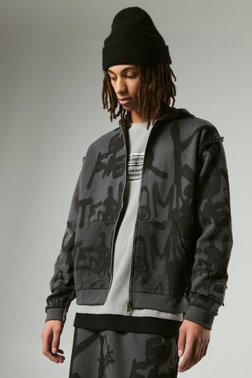 Oversized Boxy Graffiti Print Zip Through Loopback Hoodie charcoal