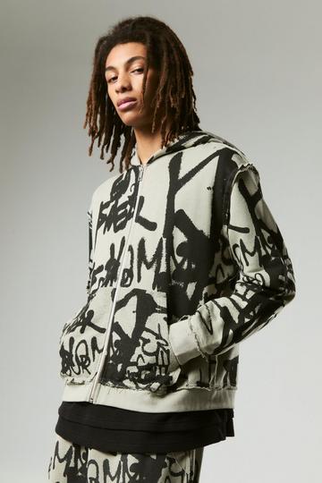 Oversized Boxy Graffiti Print Zip Through Loopback Hoodie taupe