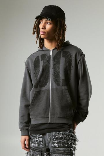 Oversized Boxy Varsity Raw Edge Zip Through Loopback Hoodie charcoal