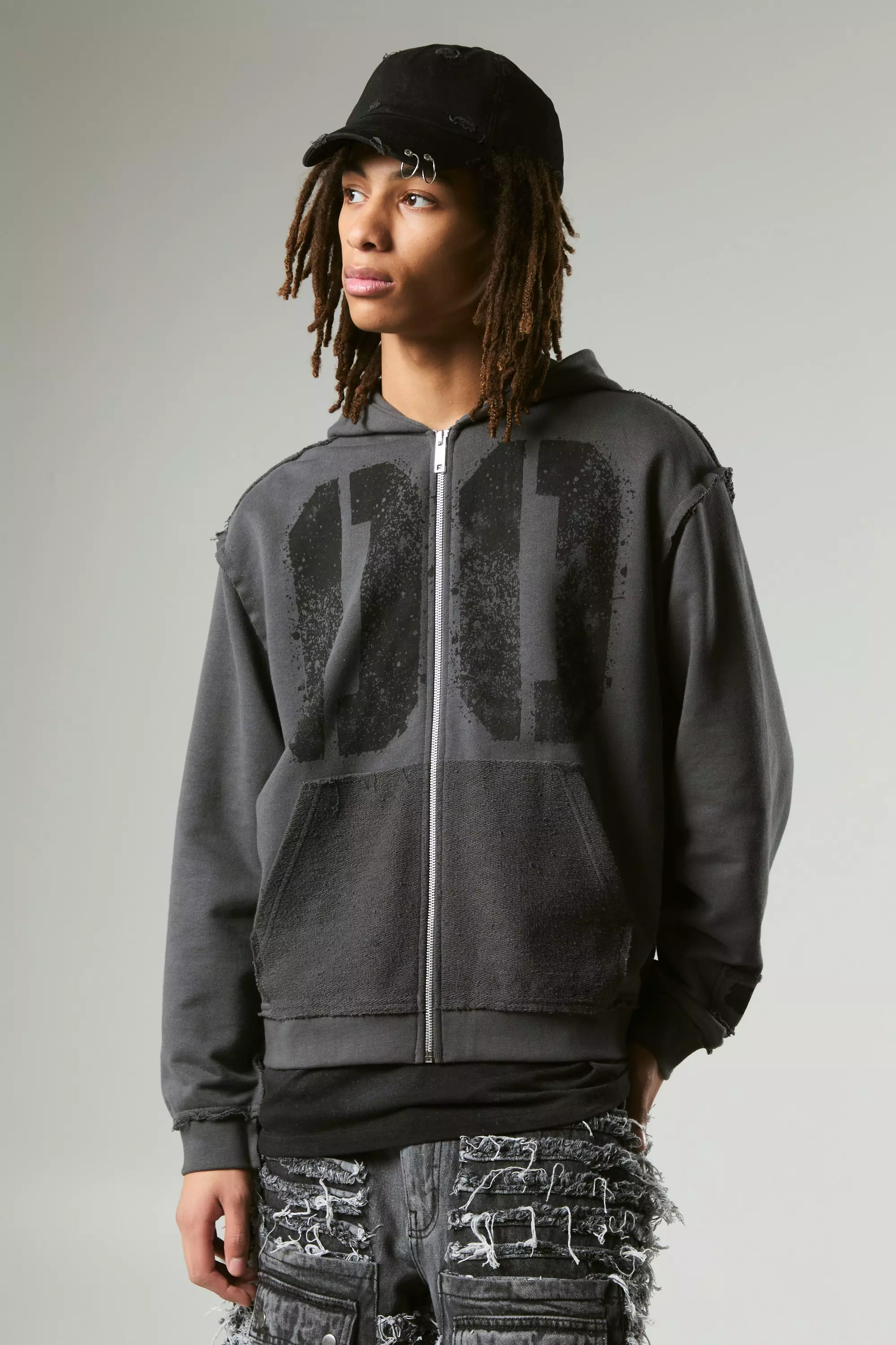 Charcoal Oversized Boxy Varsity Raw Edge Applique Zip Through Funnel Neck Loopback Hoodie alternative image