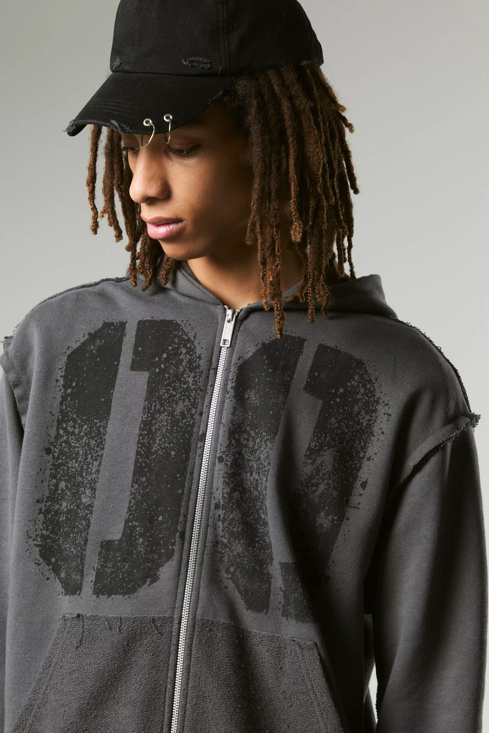 Charcoal Oversized Boxy Varsity Raw Edge Applique Zip Through Funnel Neck Loopback Hoodie alternative image