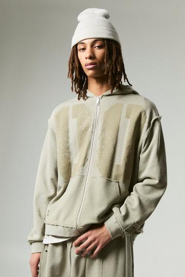 Oversized Boxy Varsity Raw Edge Applique Zip Through Funnel Neck Loopback Hoodie taupe