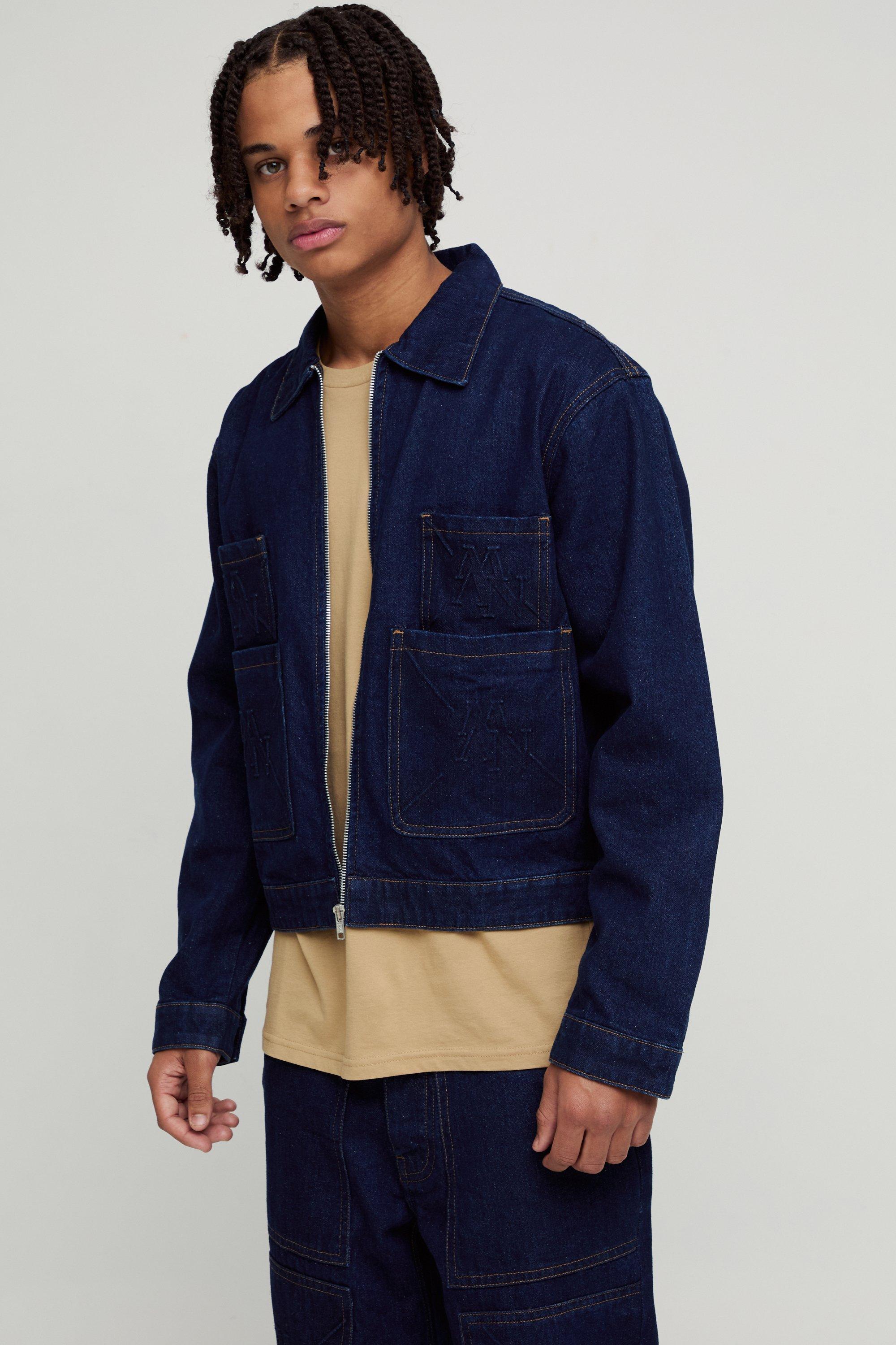 Indigo Relaxed Cropped Smart Embossed Denim Jacket