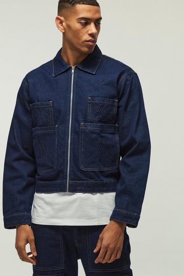 Relaxed Cropped Smart Embossed Denim Jacket indigo