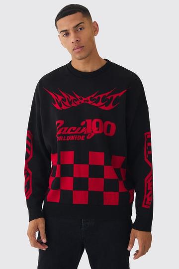 Oversized Moto Graphic Jumper in Black black