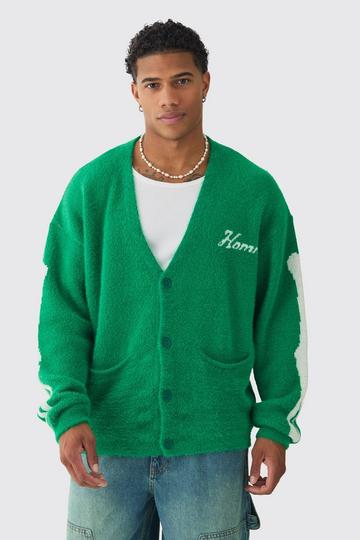 Green Oversized Ribcage Intarsia Fluffy Knit Cardigan in Green