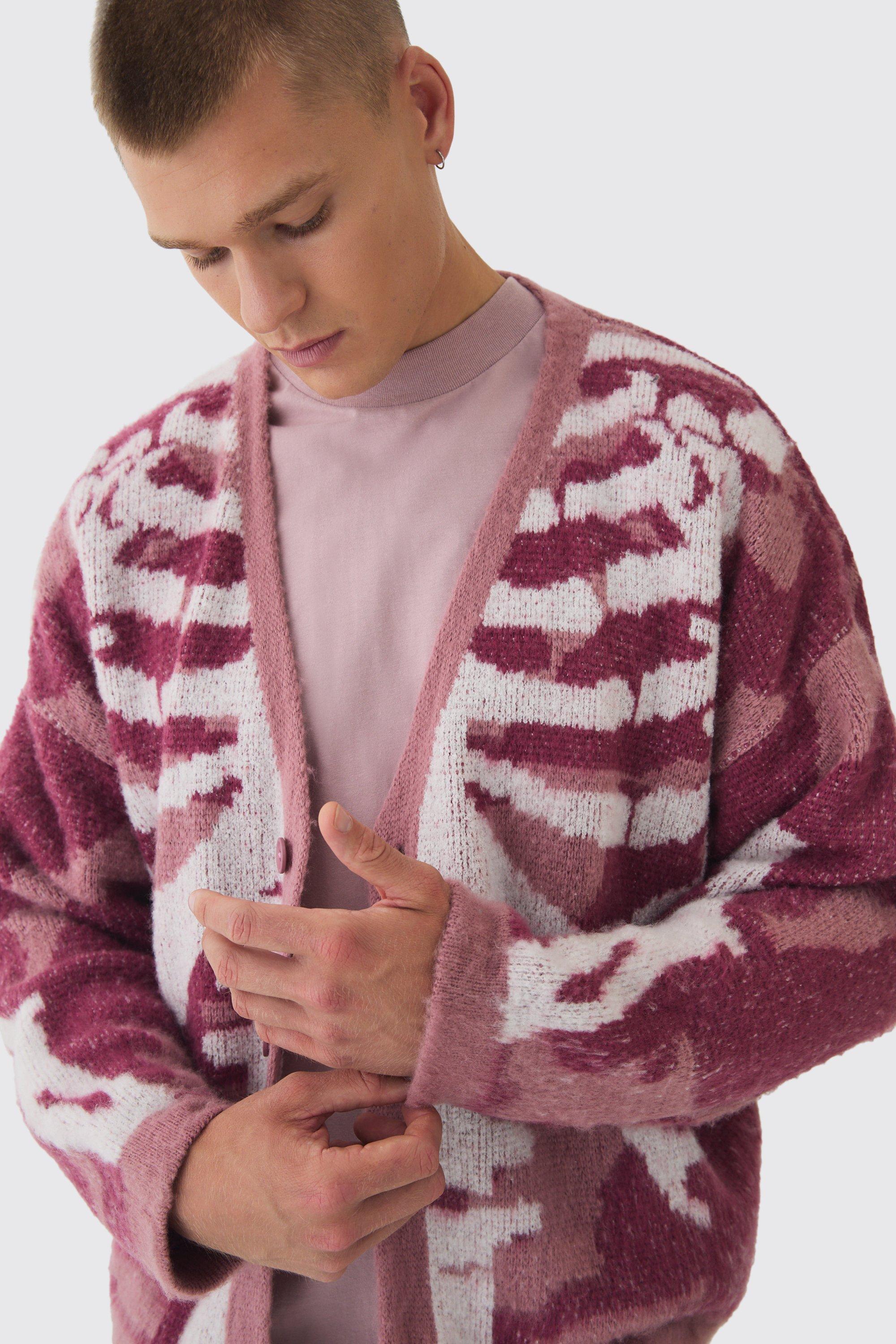 Abstract Camo Brushed Cardigan in Pink boohoo IE