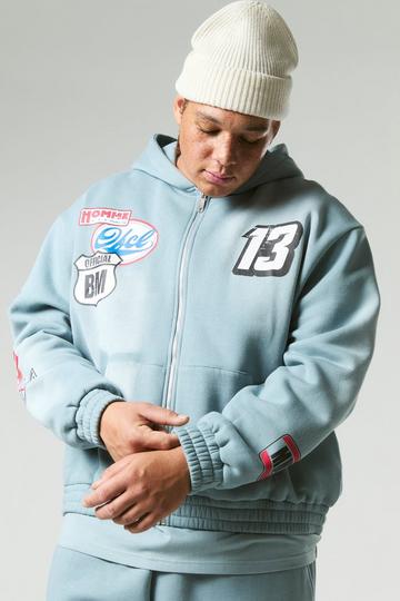 Plus Oversized Boxy Zip Up Varsity Applique Hoodie grey blue