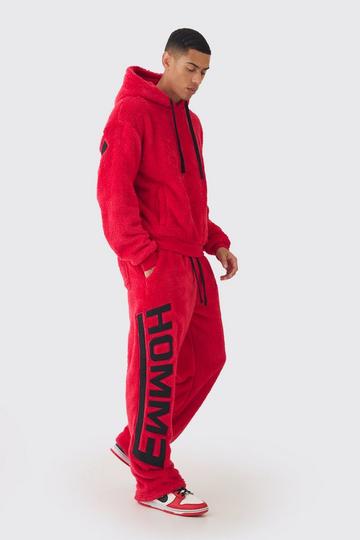 Oversized Boxy Official Embroidered Teddy Borg Hooded Tracksuit red