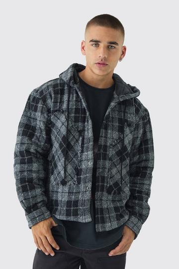 Oversized Hooded Check Patchwork Padded Shirt black