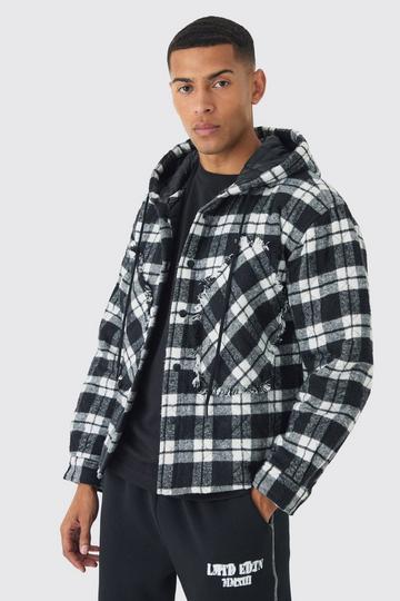 White Oversized Hooded Check Patchwork Padded Shirt