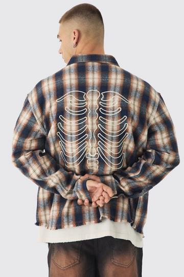 Oversized Skeleton Applique Check Shirt brown