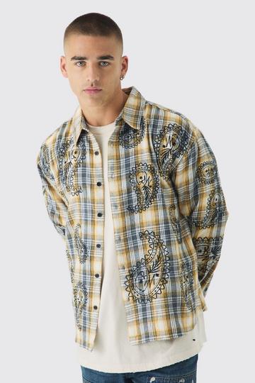 Yellow Oversized Paisley Embroidered Check Long Sleeve Shirt