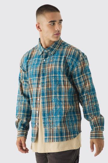 Oversized Paisley Embroidered Check Long Sleeve Shirt light blue