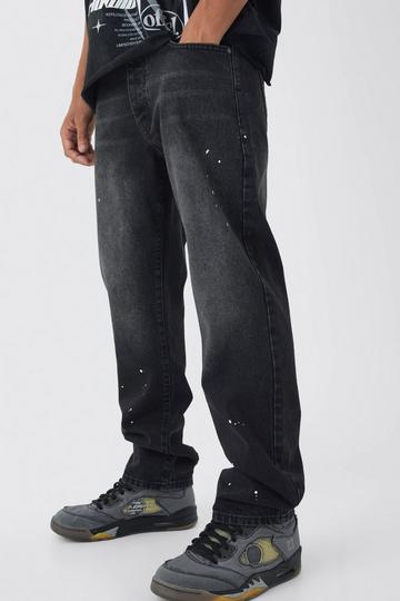 Straight Leg Paint Splatter Jeans With Tonal Embroidery washed black