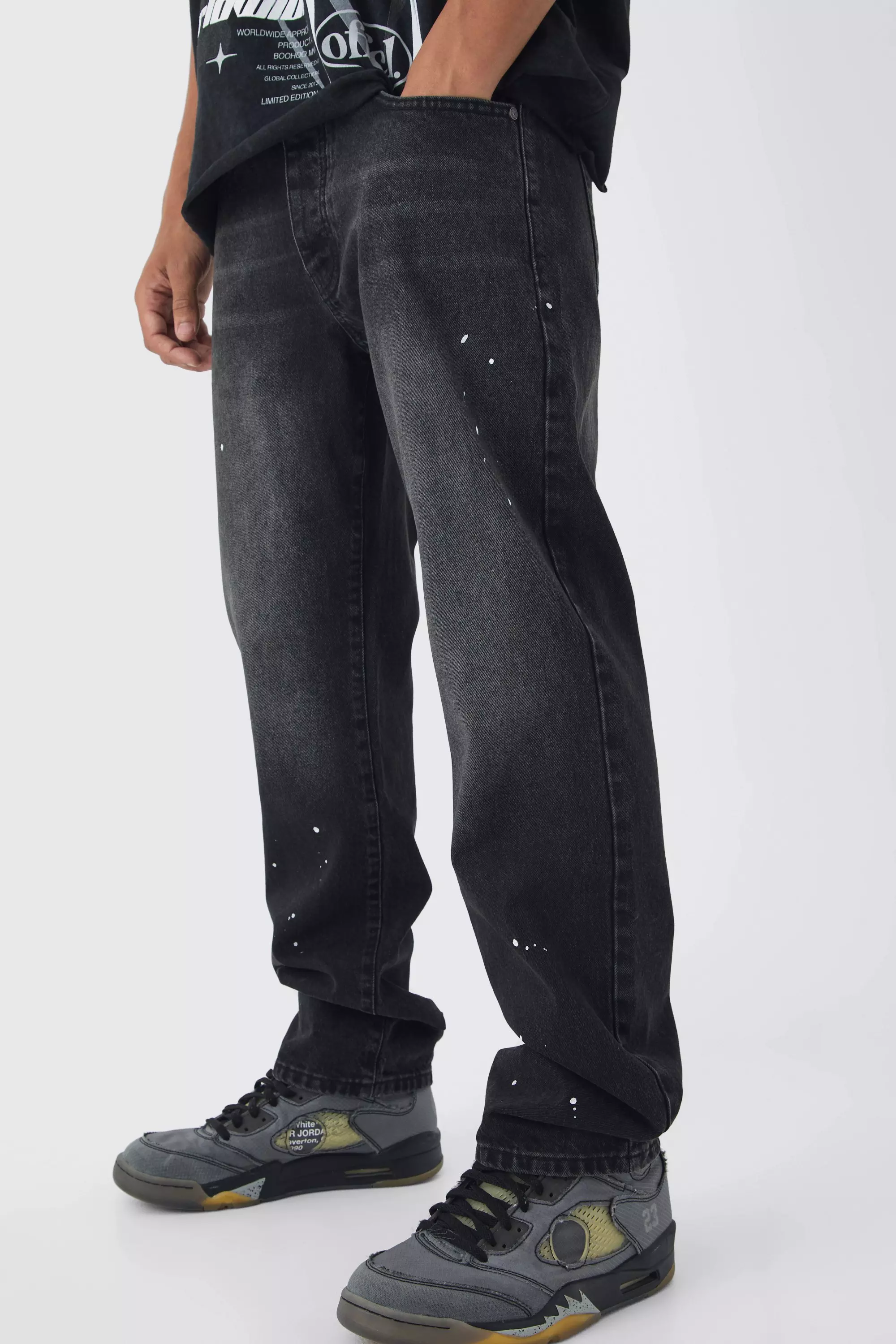 Washed black Straight Leg Paint Splatter Jeans With Tonal Embroidery alternative image